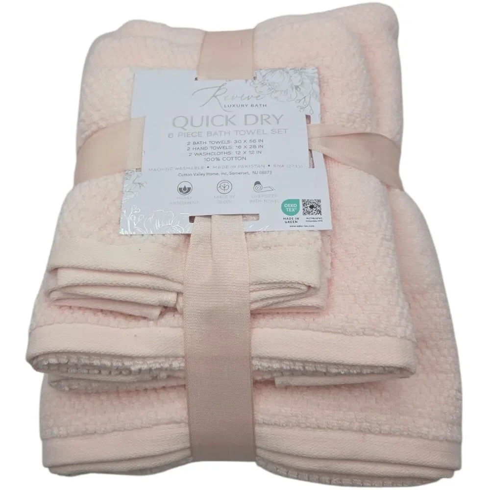 Revive Luxury Bath 6pc Pink Cotton Towel Set Zero Twist 2Bath 2Hand 2Washcloths‎